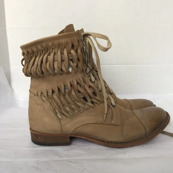 Barney's New York Brown Woven Leather Combat Boot 38.5 Lace up Bohemian Unique